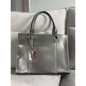 Tannery West Grey Leather Laptop Tote Bag Leopard Print Lining Professional Work